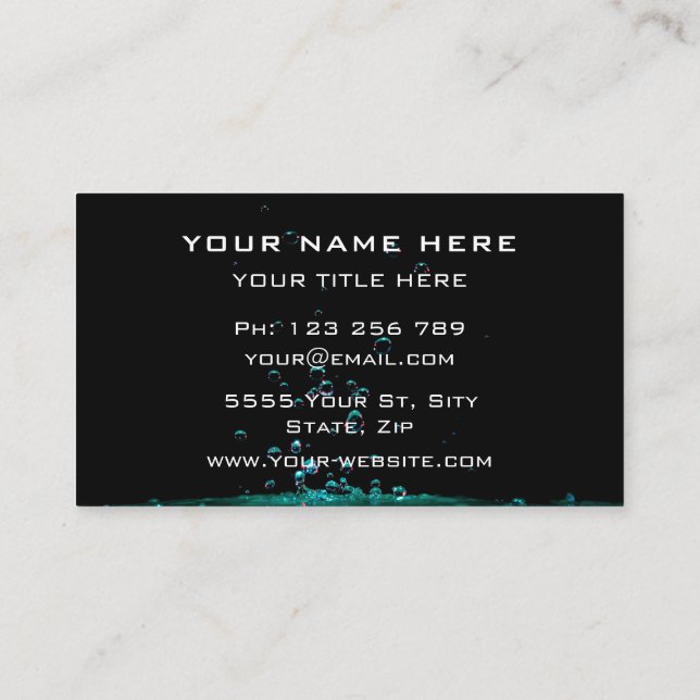 Black Business Card Aqua Turquoise Water Drops (Back)