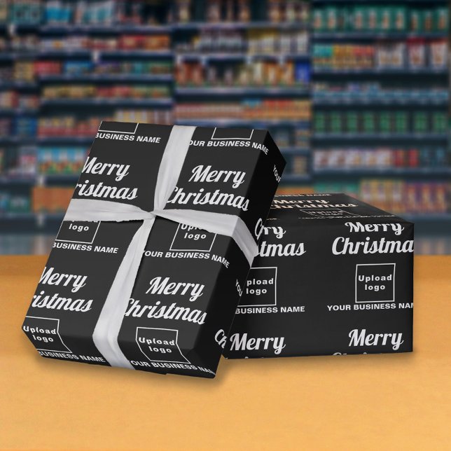 Black | Business | Christmas Wrapping Paper (Business name and logo with Merry Christmas greeting on black wrapping paper)