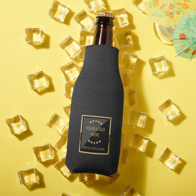 Black Business Faux Leather Logo  Bottle Cooler (In Situ Summer)