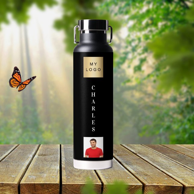Black business logo name photo water bottle (Creator Uploaded)