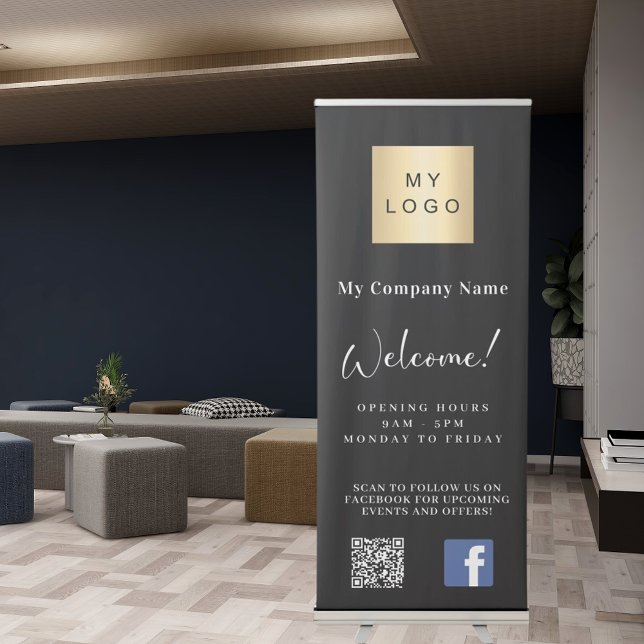 Black business logo opening hours QR code Facebook Retractable Banner (Creator Uploaded)