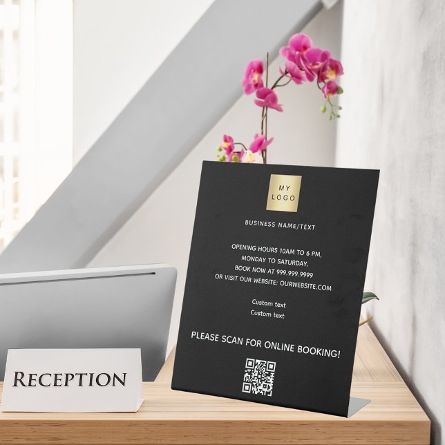 Black business logo qr code online booking pedestal sign (Creator Uploaded)