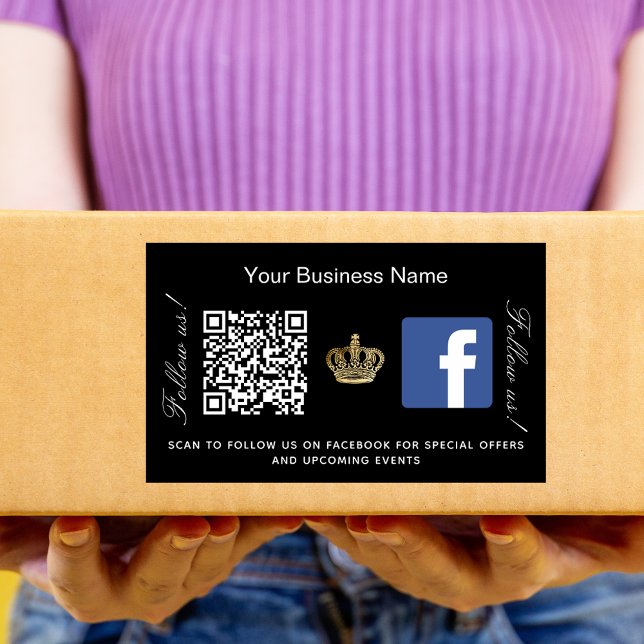 Black business name gold crown qr code Facebook Rectangular Sticker (Creator Uploaded)