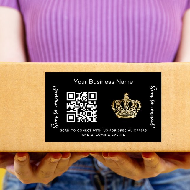 Black business name gold crown qr code rectangular sticker (Creator Uploaded)