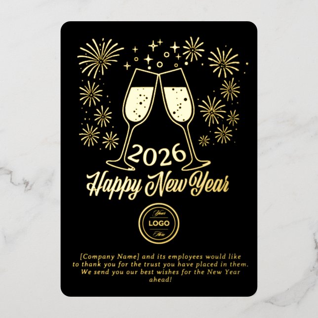 Black Business New Year 2026 Champagne Gold Foil Holiday Card (Front)