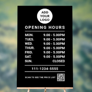 Black Business Opening Hours logo and qr code Acrylic Sign