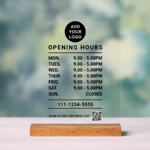 Black Business Opening Hours logo qr code Acrylic Sign