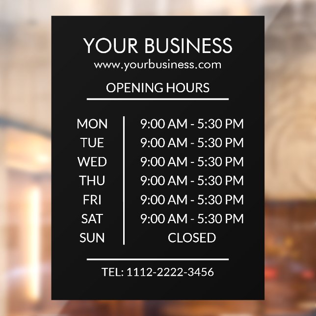 Black Business opening hours White Text Window Cling (Sheet 2)