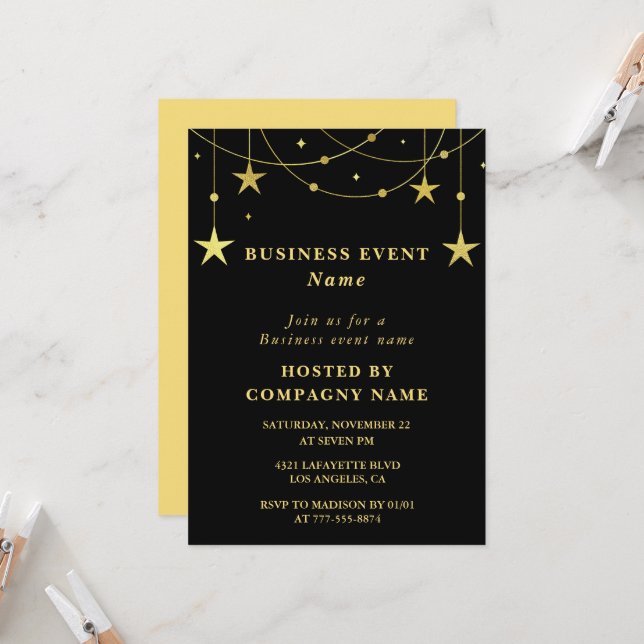 Black Business party invite Party Gold Stars (Front/Back In Situ)