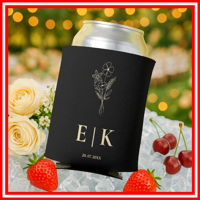 Black & Butter Yellow Monogram Wildflower Wedding Can Cooler (Creator Uploaded)