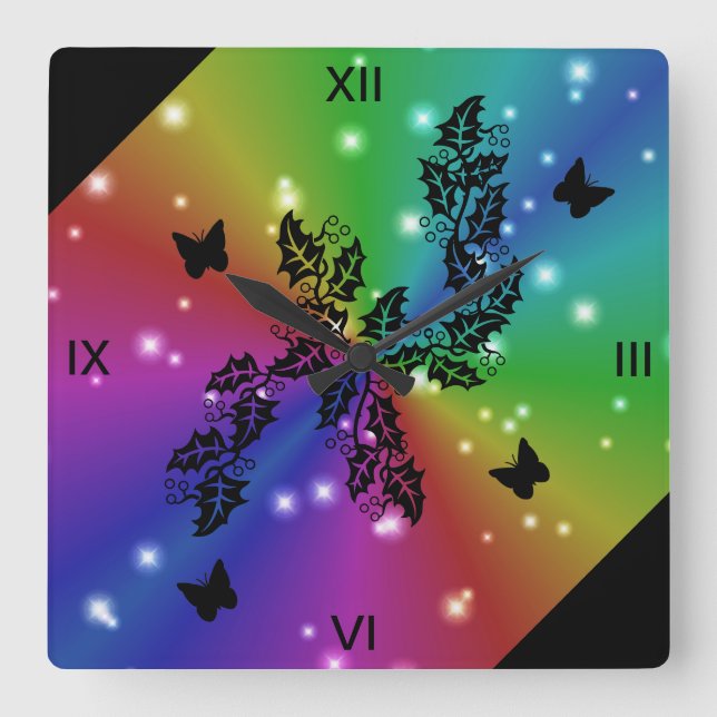 black Butterfly and stars on  Rainbow Square Wall Clock (Front)