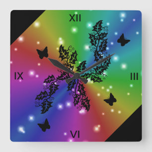 black Butterfly and stars on  Rainbow Square Wall Clock