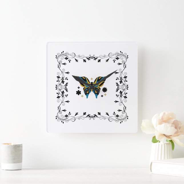 Black Butterfly Floral Art, Whimsical Fluttering Square Wall Clock (Home)