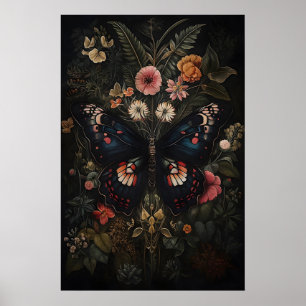 Black Butterfly In Dark Flower Garden, Moody Moth Poster