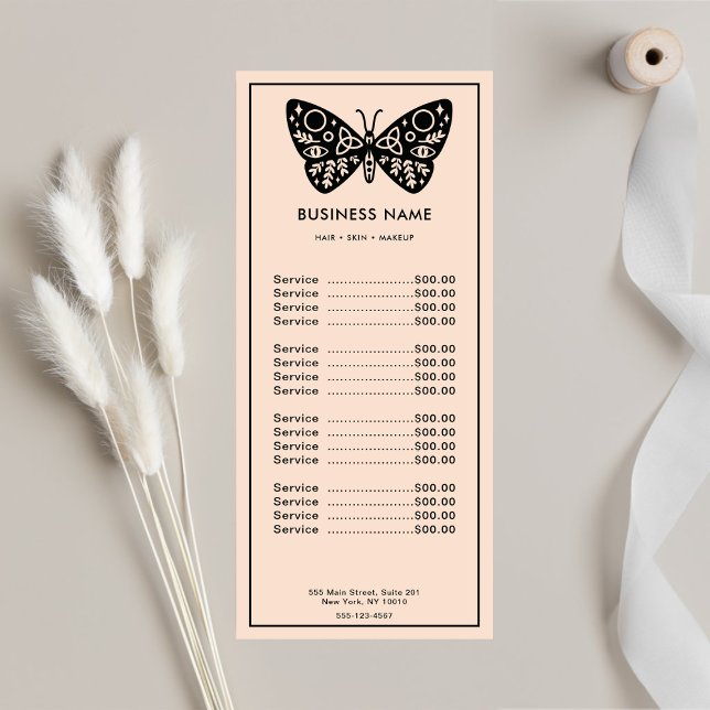 Black Butterfly Logo Blush Pink Beauty Salon Price Rack Card (Creator Uploaded)