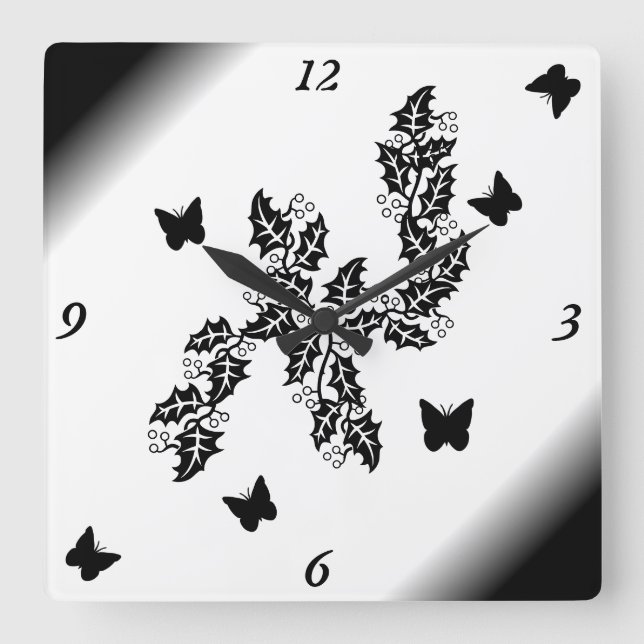 black Butterfly on black and white Square Wall Clock (Front)