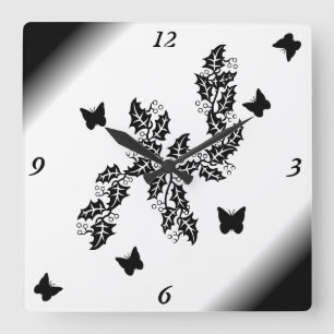 black Butterfly on black and white Square Wall Clock