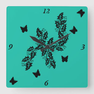 black Butterfly on Green Square Wall Clock