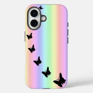 Black Butterfly on Pastell Rainbow iPhone 16 Case