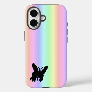 Black Butterfly on Pastell Rainbow iPhone 16 Case
