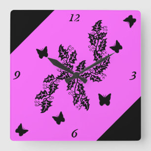 black Butterfly on pink Square Wall Clock