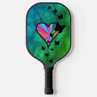 Black Butterfly on Rainbow Heart Pickleball Paddle