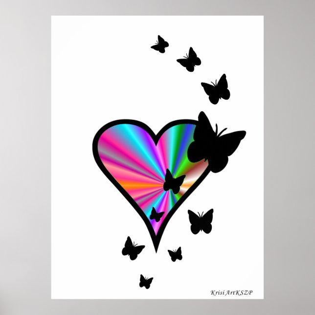 Black Butterfly on Rainbow Heart Poster (Front)