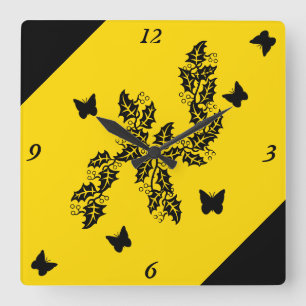 black Butterfly on Yellow Square Wall Clock