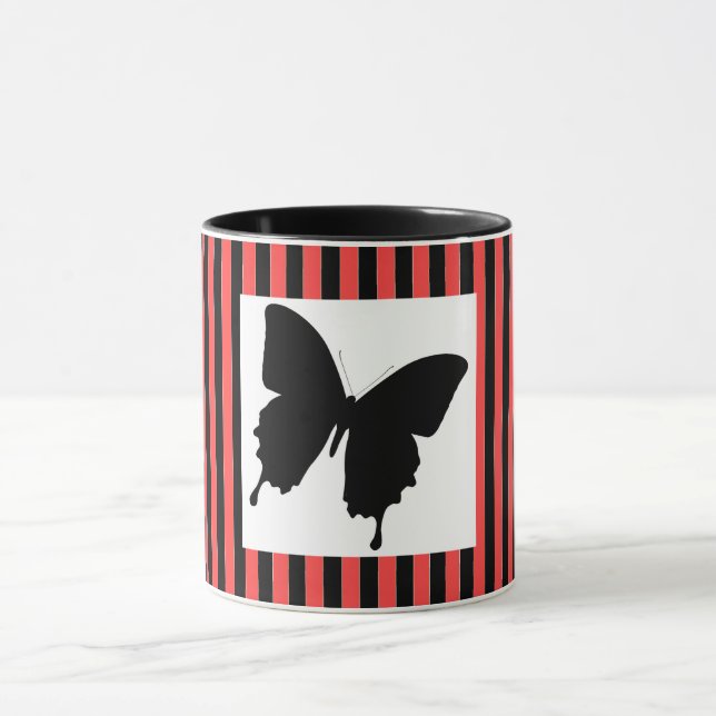 Black Butterfly Red Stripes Gift Housewarming  Mug (Center)
