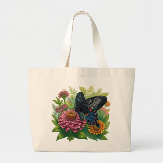 Black Butterfly Savouring a Pink Zinnia Among Gree Large Tote Bag