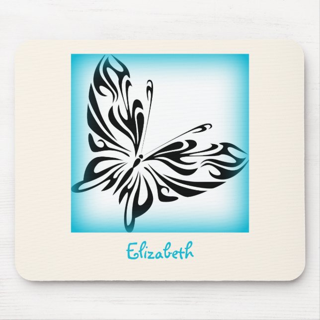 Black Butterfly with Blue Border Personalised Mouse Mat (Front)