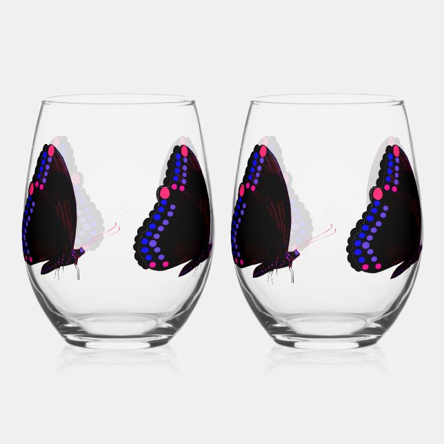 Black Butterfly With Pink & Purple Wine Glass Set (Front)