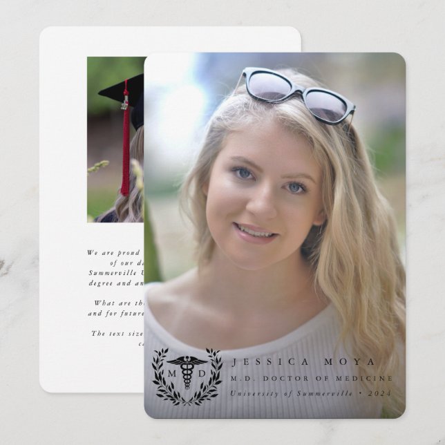 Black Caduceus MD Doctor of Medicine Graduation Announcement (Front/Back)