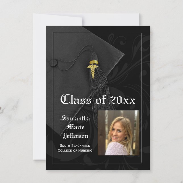 Black Caduceus Medical or Nursing Photo Graduation Invitation (Front)