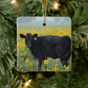 Black Calf in a Field of Sunflowers Ceramic Ornament