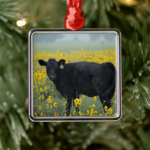 Black Calf in a Field of Sunflowers Metal Tree Decoration