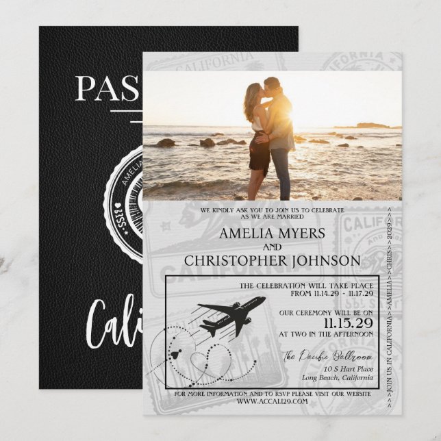 Black California Passport Wedding Invitation (Front/Back)