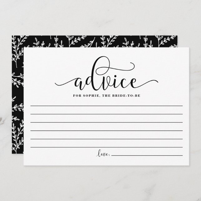 Black Calligraphy Adivce for the Bride to Be Advice Card (Front/Back)
