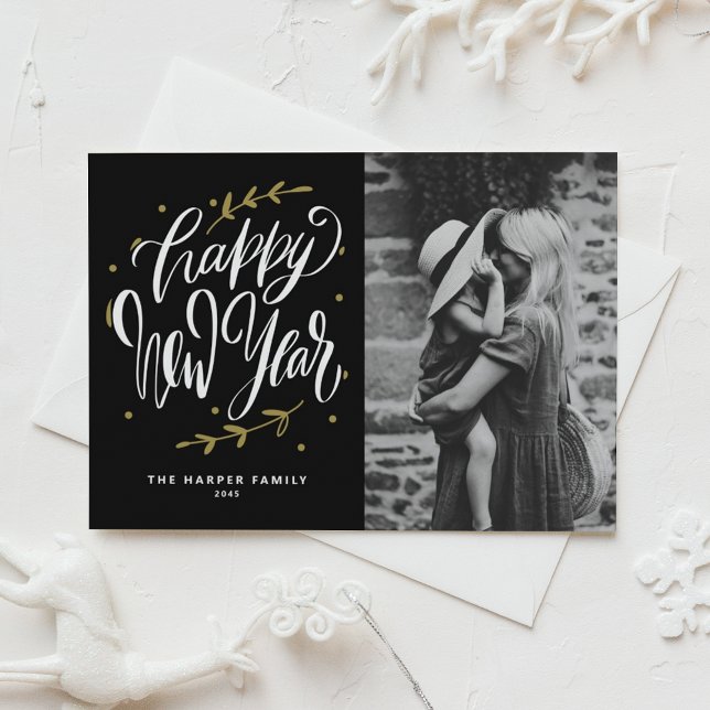 Black Calligraphy and Wreath New Year Photo Holiday Postcard (Customizable photo Happy New Year postcard featuring modern calligraphy and wreath.)