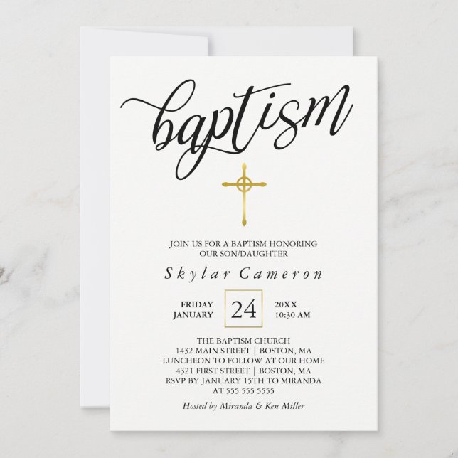Black Calligraphy Gold Cross Baptism Invitation (Front)