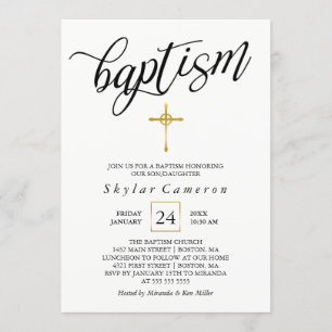 Black Calligraphy Gold Cross Baptism Invitation
