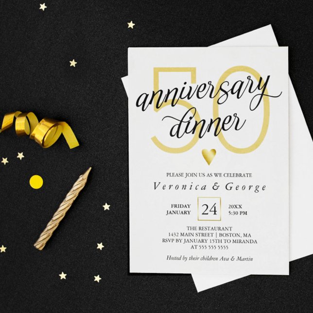 Black Calligraphy Gold Heart Anniversary Dinner Invitation (Creator Uploaded)