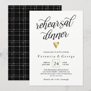 Black Calligraphy Gold Heart Rehearsal Dinner Invitation