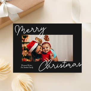 Black Calligraphy Merry Christmas Modern Photo Holiday Card