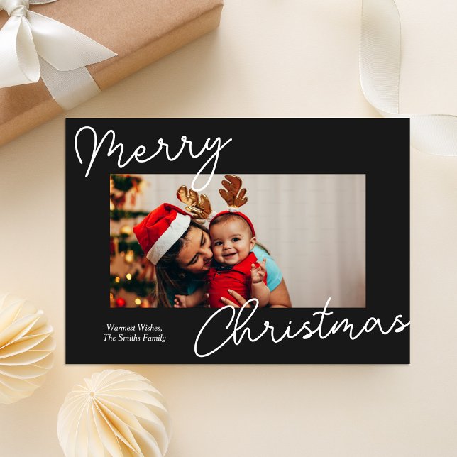 Black Calligraphy Merry Christmas Modern Photo Holiday Card (Creator Uploaded)