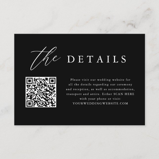  Black Calligraphy QR Code Wedding Details Enclosure Card (Front)