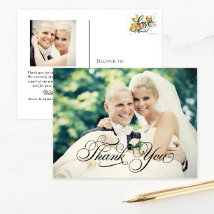Black Calligraphy Script Wedding Photo Thank You Postcard
