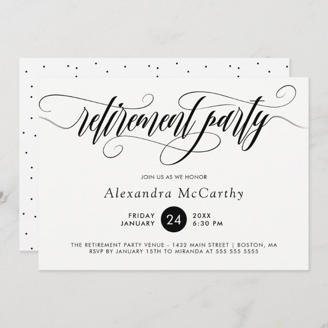 Black Calligraphy Swirls Retirement Party Invitation (Front/Back)