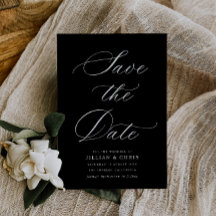 black calligraphy wedding save the date card