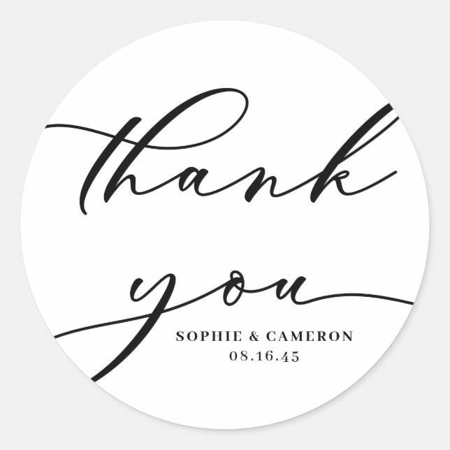 Black Calligraphy Wedding Thank You Classic Round Sticker (Front)